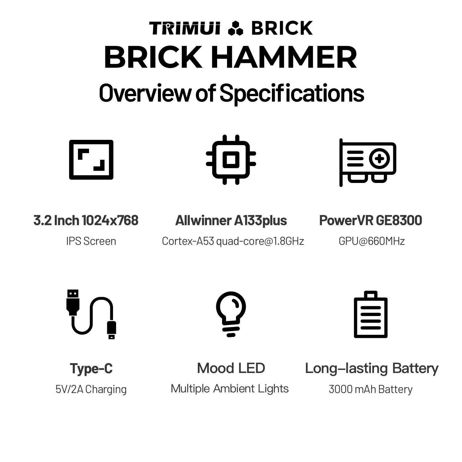 TRIMUI BRICK Hammer Handheld Game Console CNC Aluminum Alloy 3.2''IPS Screen A133P Linux OS LED Lighting Free Keycap Palyer Gift