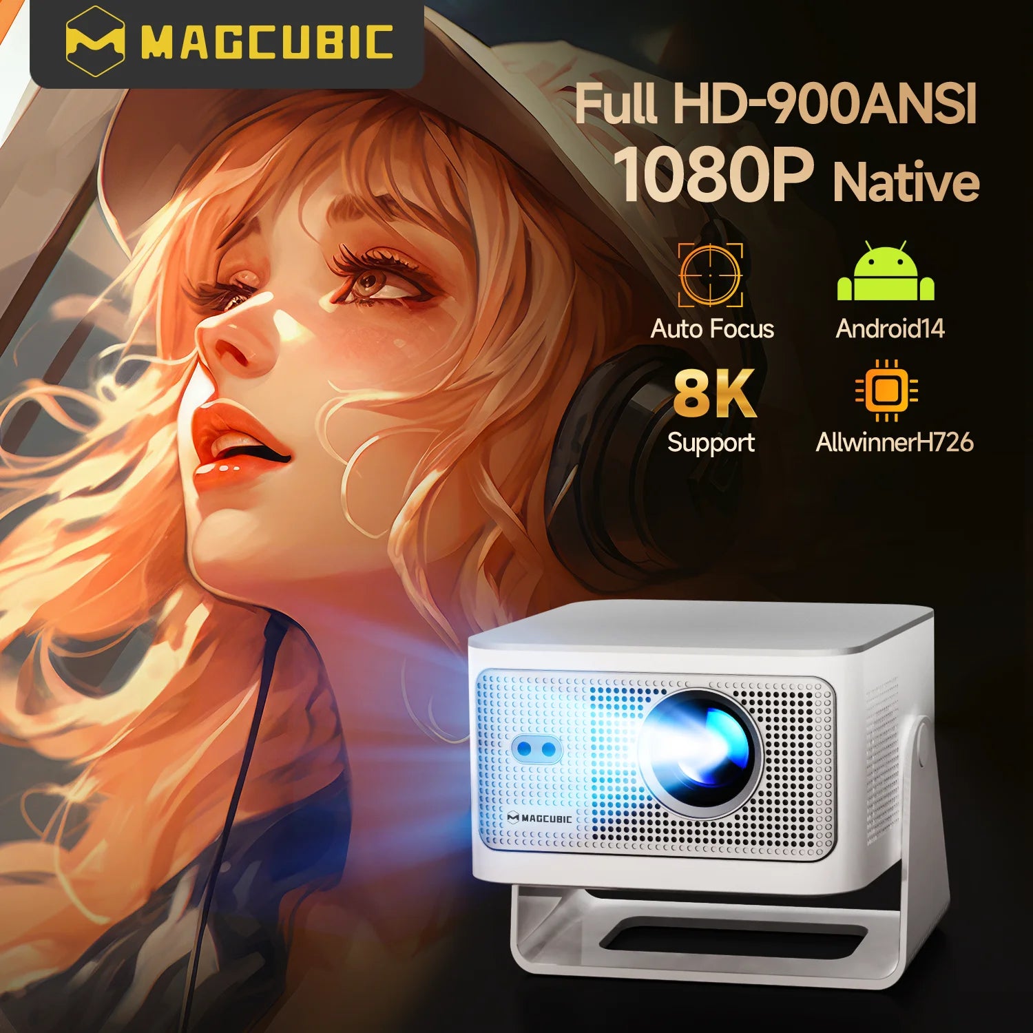 Magcubic Autofokus Android 14 4K-Projektor 900ANSI 8K Native 1080P HY350Max mit Wifi6 BT5.4 Allwinner H726 tragbarer Outdoor