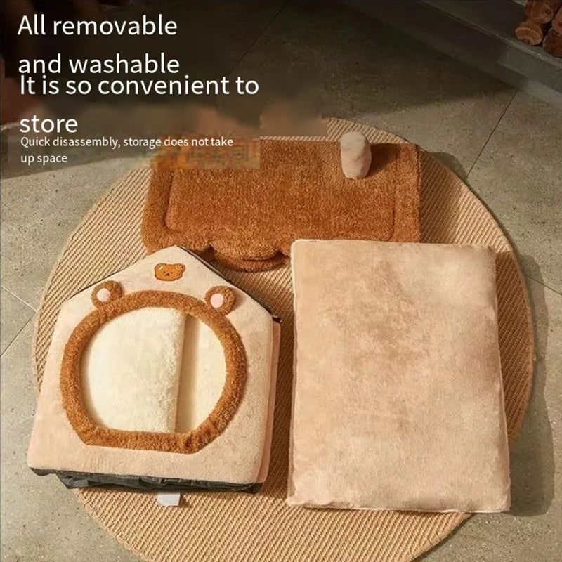 Cat Bed Dog House Gray Soft Plush Detachable Semi Enclosed Foldable Warm Cat Villa Pet Nest Four Season Universal Pet Supplies