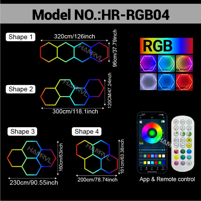 RGB Hexagon LED Lighting Colorful Change Dimming Deco Light for Car Garage Gym Party Club Stage Gaming Sound pickup Wall Ceiling
