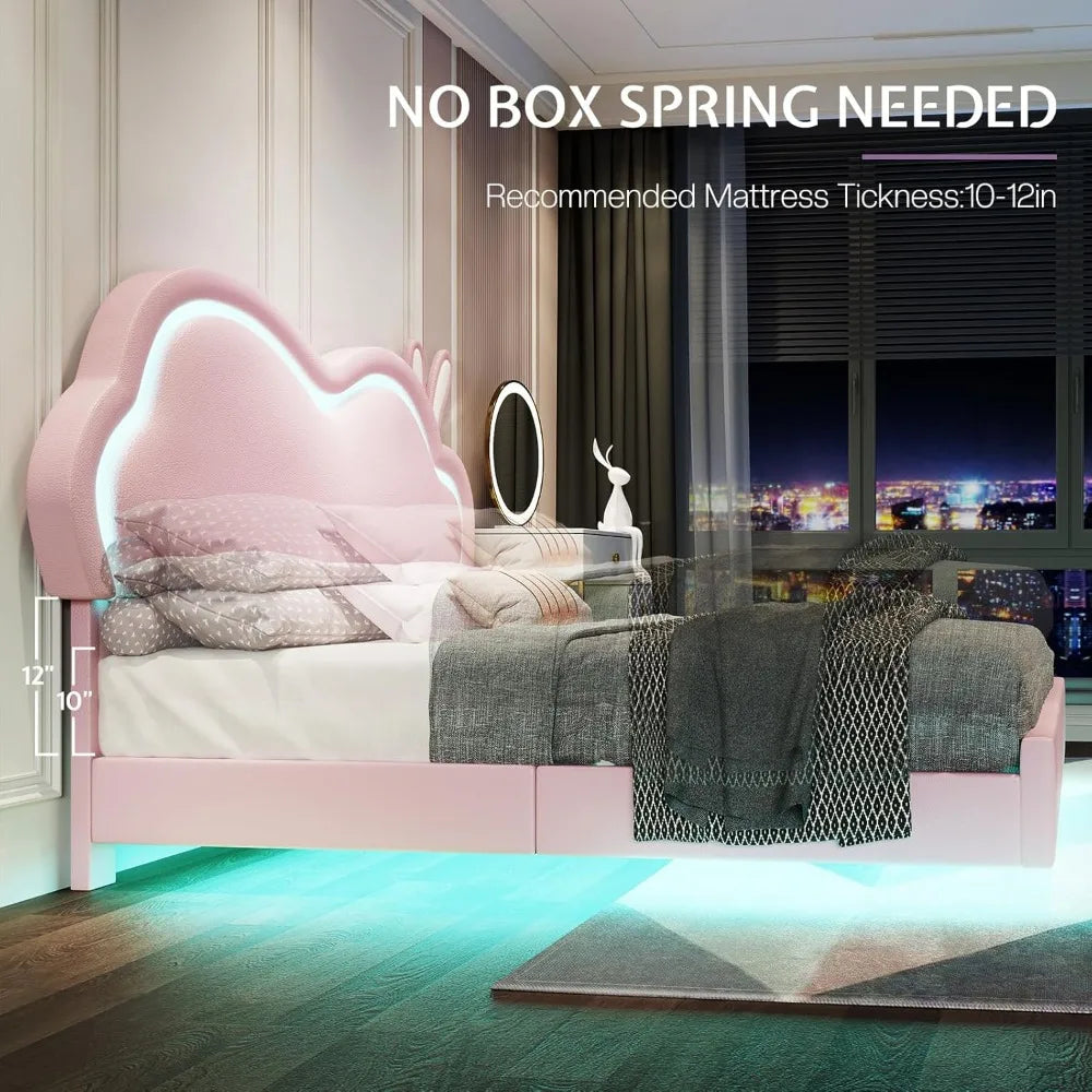 Pink Leather Upholstered Floating Bed Frame with Cute Cloud Headboard for Girls - No Box Spring Needed