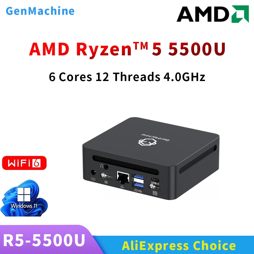GenMachine Mini PC 5500U AMD Windows 11 Ryzen 2.1GHz Up to 4.0GHz DDR4 3200Mhz WiFi6 NUC Gaming Pc Diy Gaming Computer Ordenador