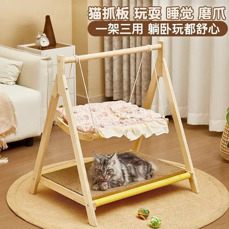 Cat double hammock pet bed cradle small bed cat swing cat nest upper and lower solid wood hammock universal in all seasons