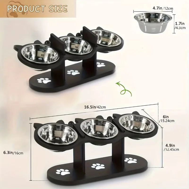 3 Bowls Wooden Elevated Cat Feeder Stand with 15 Angle Adjustable Stainless Steel Food & Water Bowls Pet Feeding