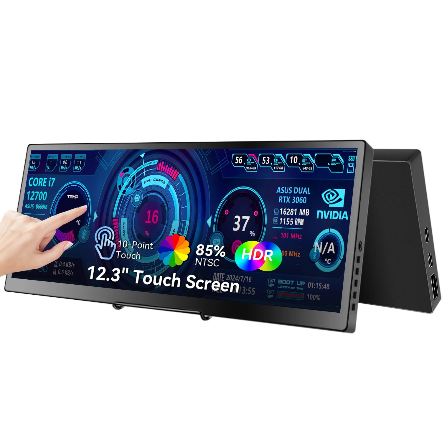 12.3/14.5 inch TouchScreen Monitor HDMI & Type C 1920x720/2.5K IPS Display LCD Bar Computer Temp Display Widescreen