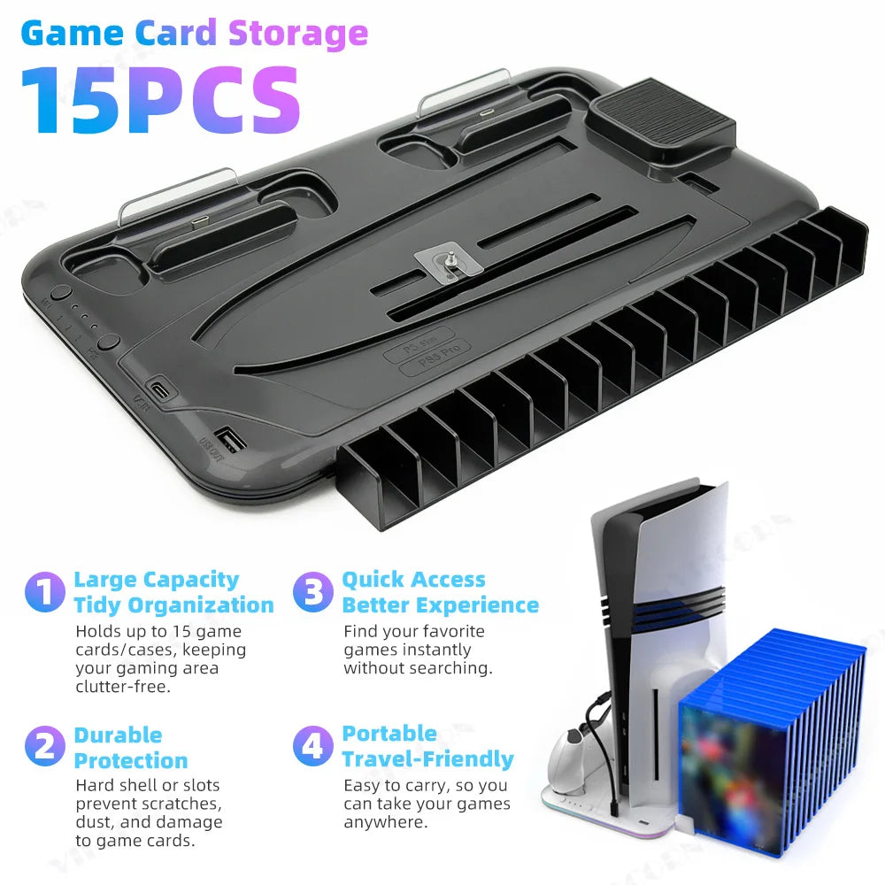 Cooling Stand For PS5/PS5 Slim/Pro Stand with Headphone Hook & Controller Charging Station for PlayStation 5 Console Accessories