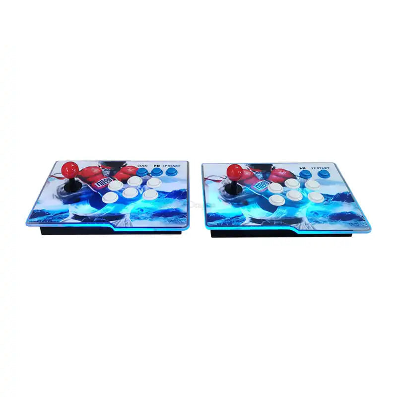 Two arcade-style gaming controllers with colorful buttons on a white background, branded 'DG'.