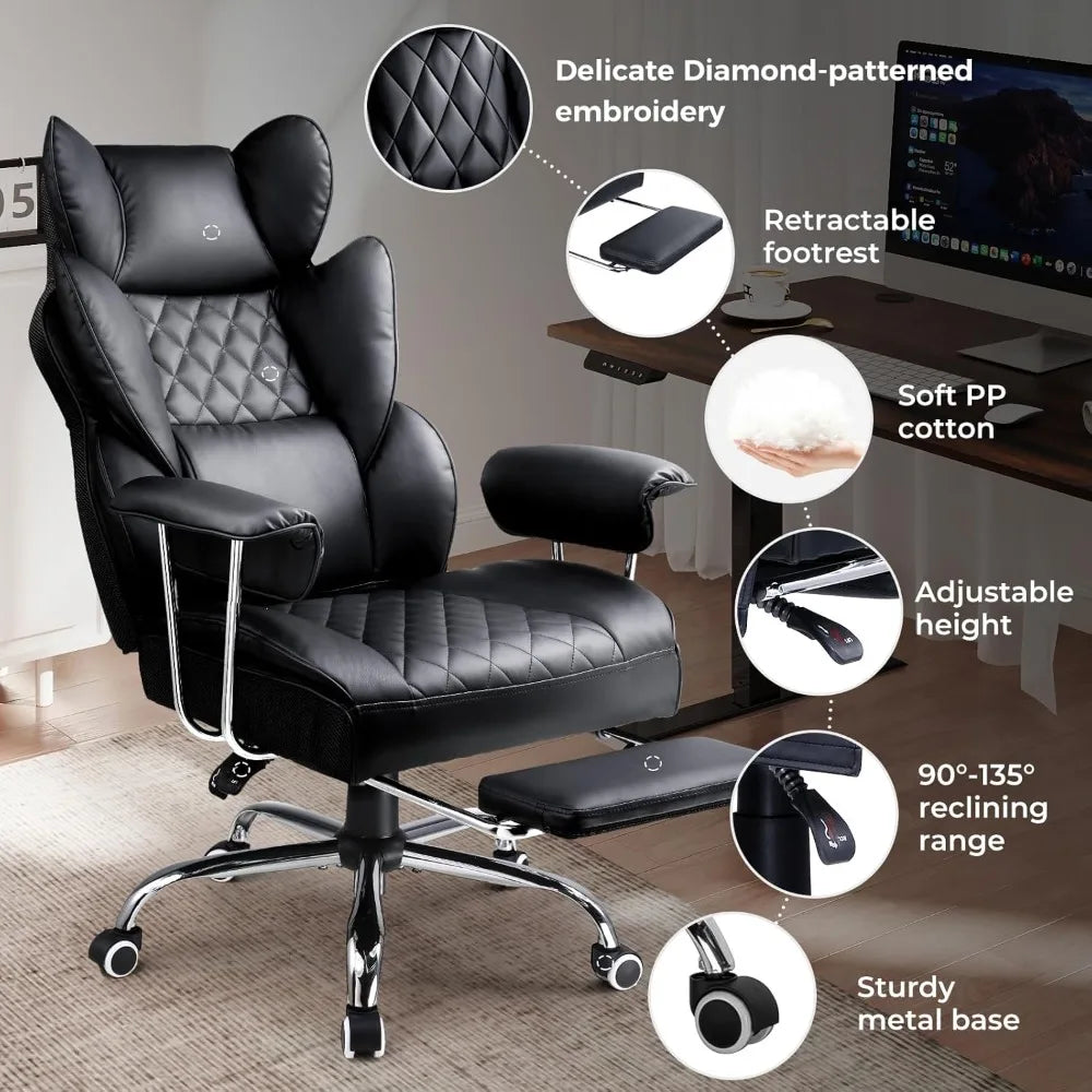 Big and Tall Office Chair, High Back Leather Gaming Chair with Footrest, Executive Ergonomic Office Chair with Pocket
