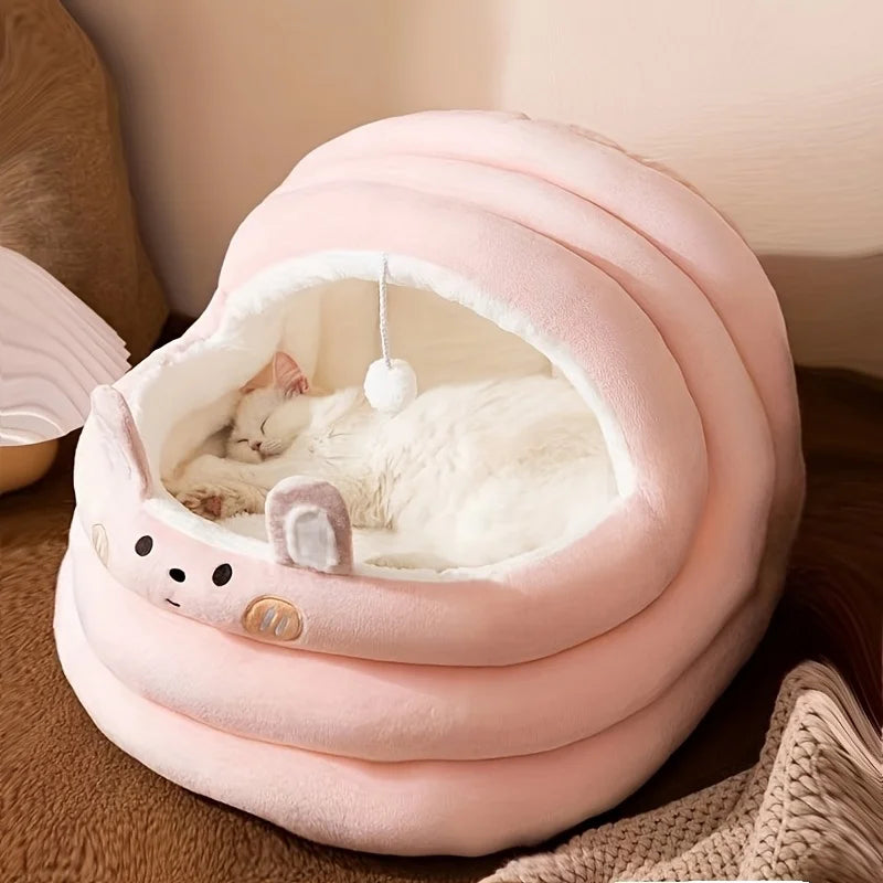 Comfortable Plush Pink Plush Cat Bed Detachable Washable Padded Kitten House with Cute Rabbit Ears and Cute Hanging Balls