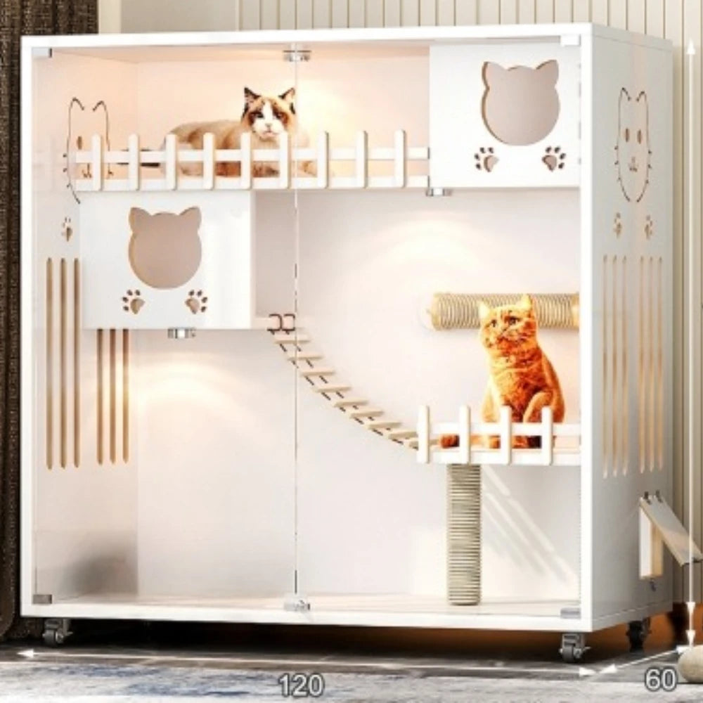 Cat Villa Large House Indoor Cat House Solid Wood Ecological Board Material Cat Furniture Vintage Style 90*60*125cm