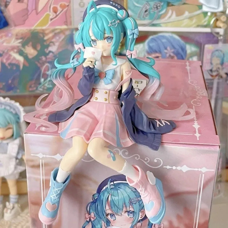 New Hatsune Miku Anime figure Pink sakura sitting position PVC Action figure model toy decoration collect gifts