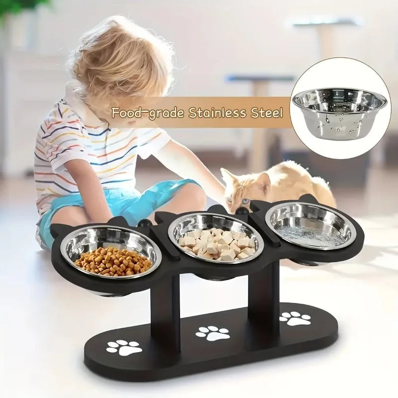3 Bowls Wooden Elevated Cat Feeder Stand with 15 Angle Adjustable Stainless Steel Food & Water Bowls Pet Feeding