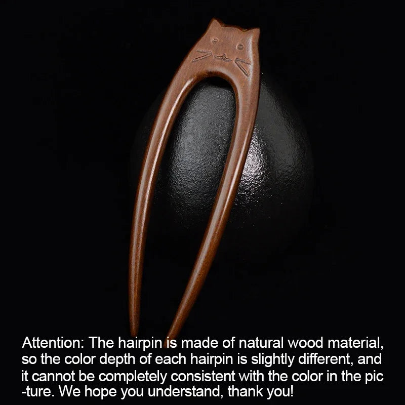 Chinese Cat Pattern Hair Sticks Wooden U Shaped Hair Forks for Women Girls Hanfu Hairpin Headwear Headpieces Hair Accessories