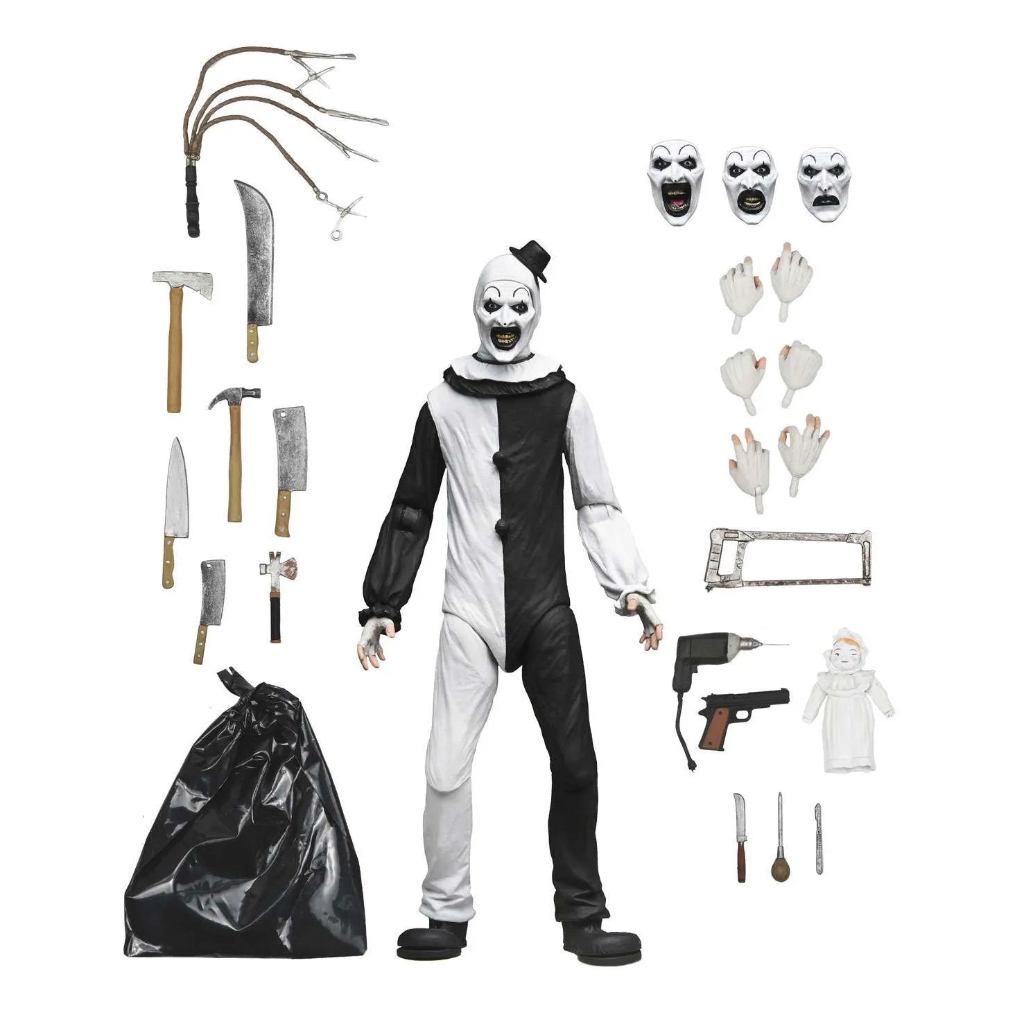 Neca 45251 Terrifier Art The Clown 7 Inch Articulated Action Figure Collectible With Interchangeable Heads Hands For Horror Fans