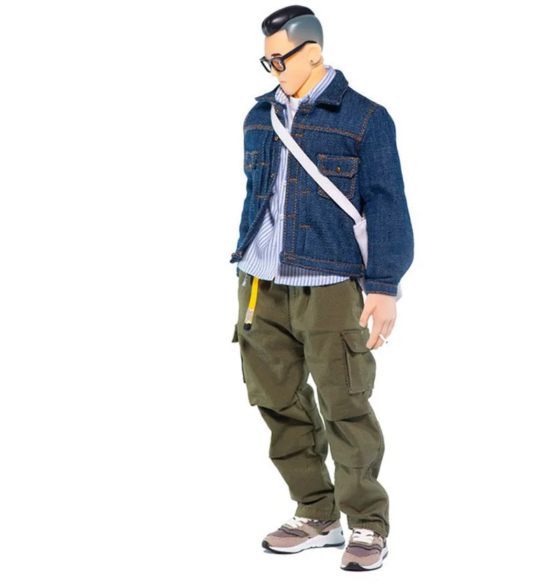 Limited Edition 1/6 Men Soldier Street Trend Blue Cowboy Boy Classic Long Sleeve Denim Coat Striped Shirt 12" Action Figure Toys