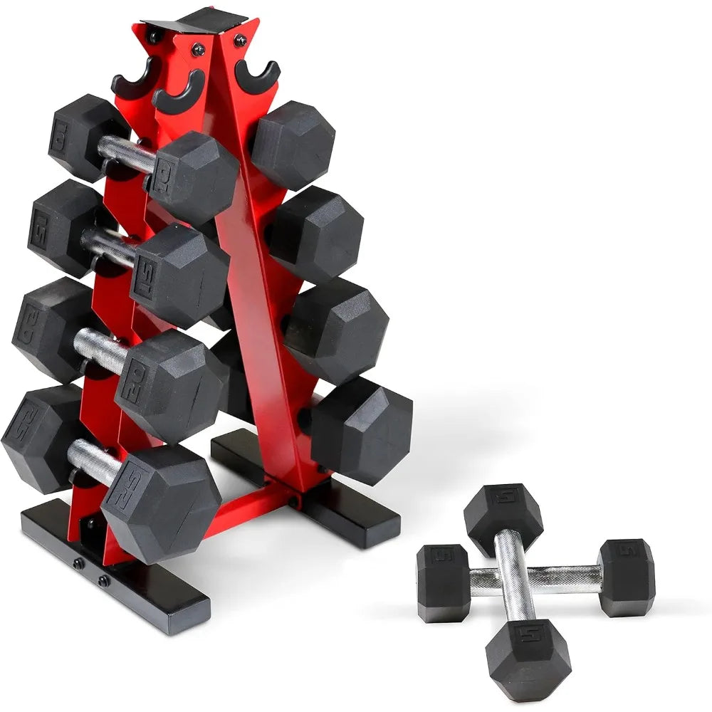 WF Athletic Supply 5-25Lb Rubber Coated Hex Dumbbell Set with A Frame Storage Rack Non-Slip Hex Shape for Muscle Toning, Strengt