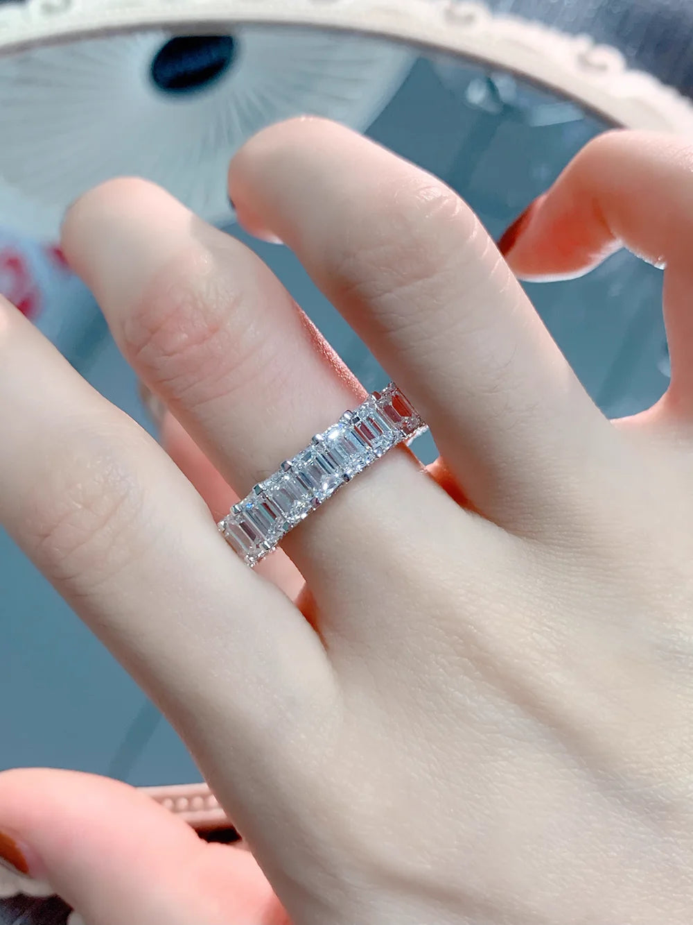 Custom Real Solid 18K White Gold Ring Women Engagement Anniversary Wedding Ring Emerald Moissanite Diamond Ring Eternity Trendy