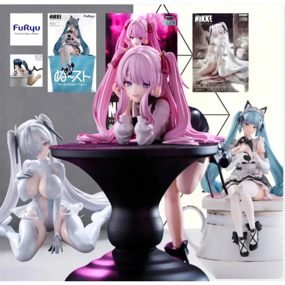 Licensed Anime Girl Noodle Stopper Collectible Statue White Twin Tail Red Long Hair PVC Mini Model Hobby Gift for Collectors