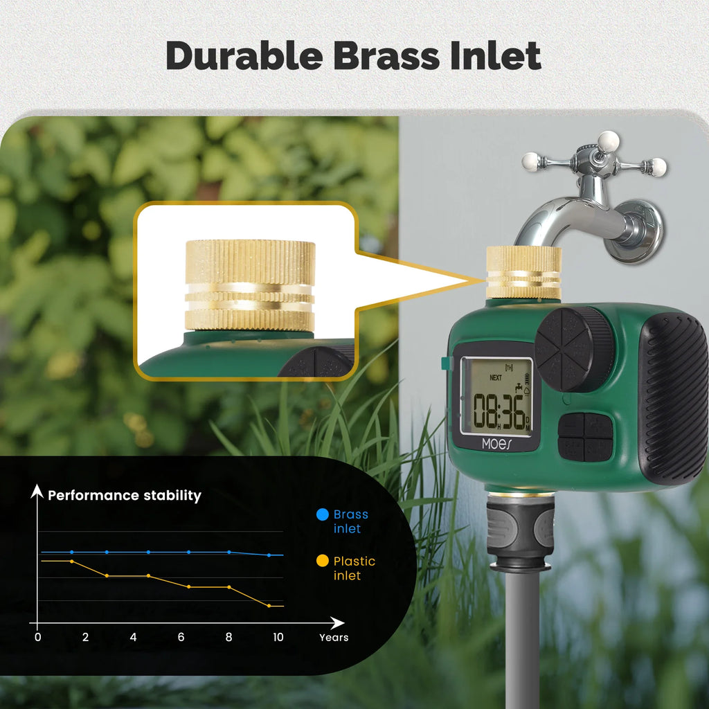 MOES Wassertimer 1-4Outlet Messingeinlass Drehknopf-Tastensteuerung mit LCD-Bildschirm Regenverzögerung Kindersicherung Gartensprinkler