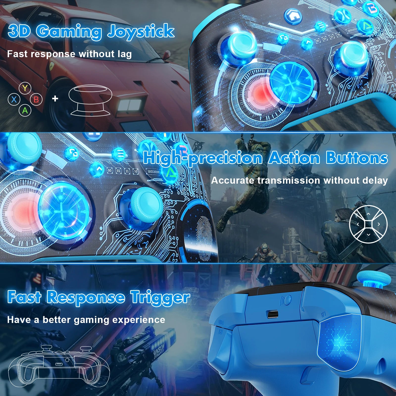 Controller for XBox One/Series S/X/PC Console Wireless Dual Vibration Game Joystick W/ RGB Hall Effect 6-Axis Gyro FUNC Gamepad