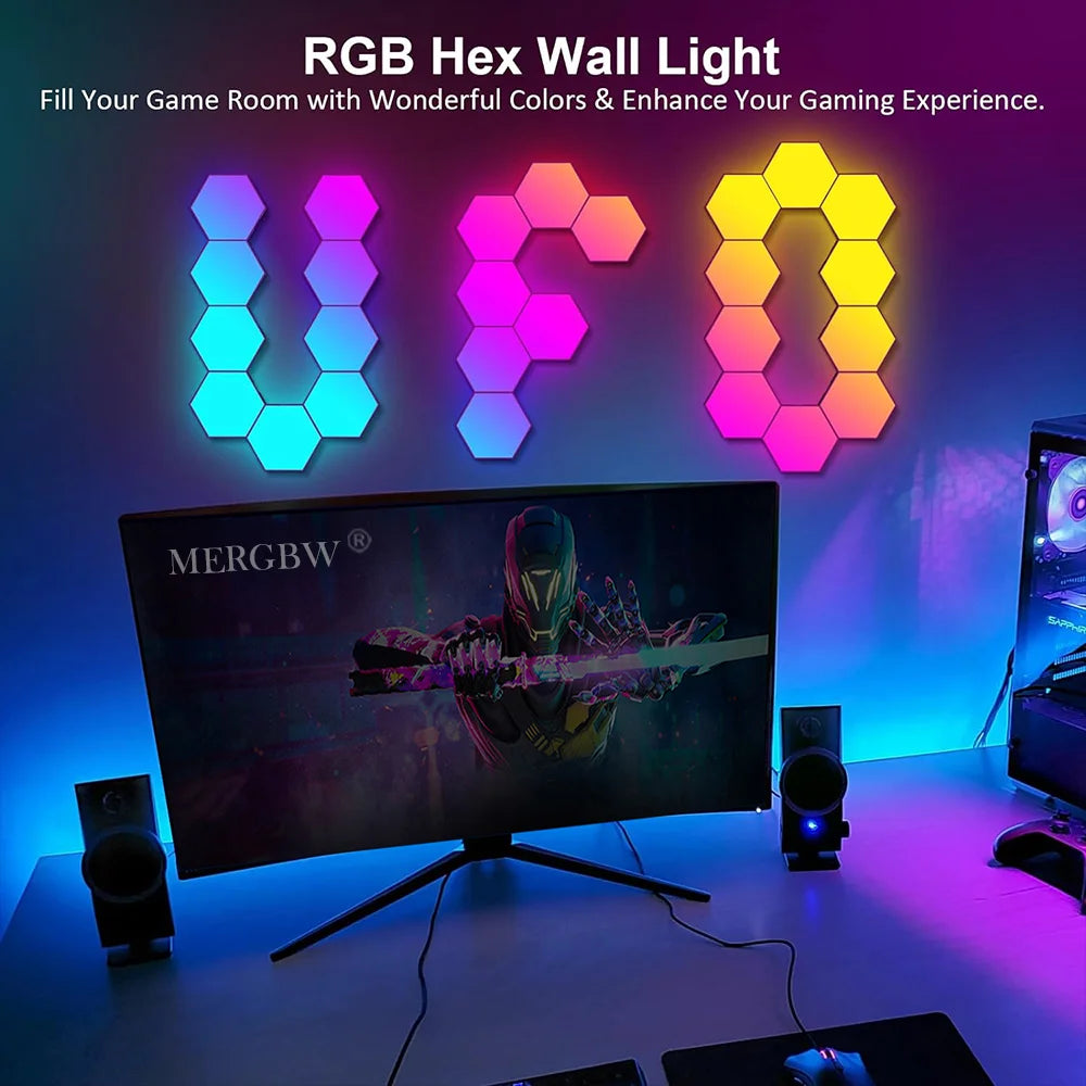 Smart Hexagonal Wall Lamp Color Change Ambient Night Light DIY Shape Music Sync MeRGBW APP Gaming RGB Hexagon LED Lights Bedroom