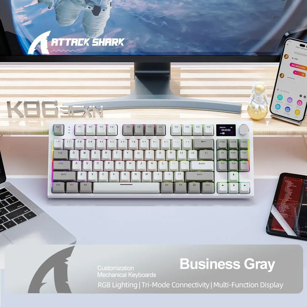 K86 Kabellose, Hot-Swap-fähige mechanische Tastatur, Bluetooth/2,4 GHz, mit Bildschirm und Lautstärkeregler für Spiele und Arbeit