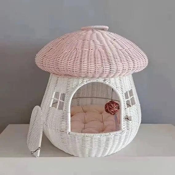 "dual-purpose pet rattan nest - cute mushroom-shaped kennel for cats and dogs with raised bed in pink"