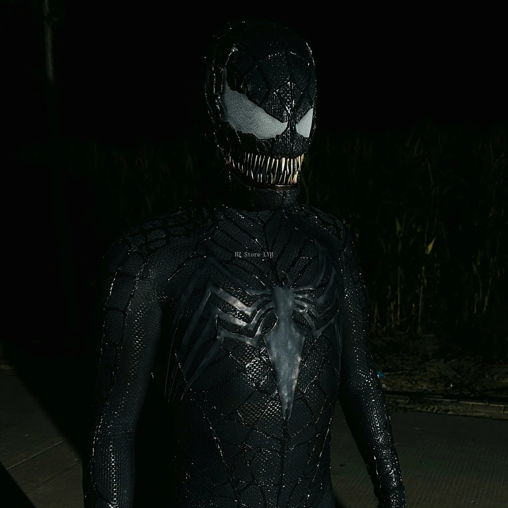 Venom Spider-Man Suit with Mask Movable Chin 1:1 3D Colour Printing Handmade Customized Spiderman 3 Jumpsuit Halloween Costume