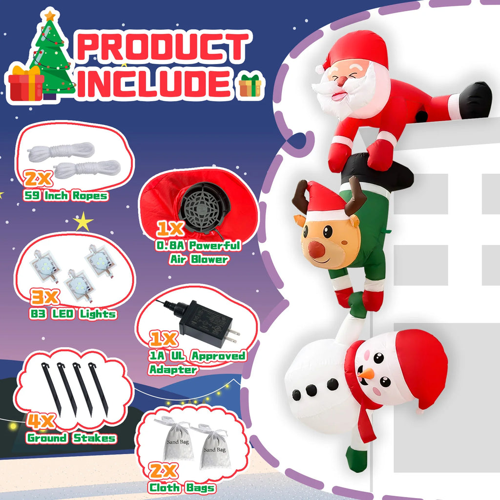 8FT Christmas Inflatables Decor, Climbing Santa Claus with Reindeer & Snowman, Xmas Decor for Beam Roof Tree Indoor Home Party