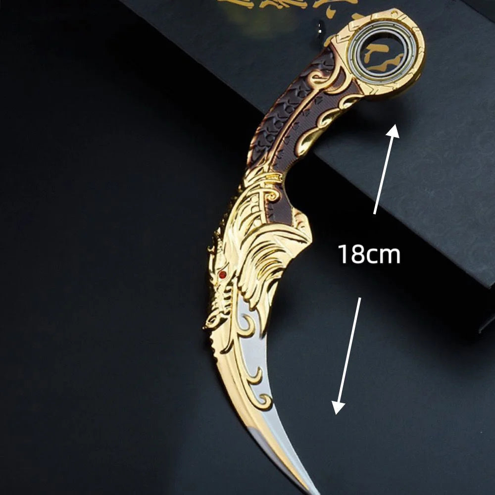 17CM Karambit Игра Живот и смърт Периферна Тъмна Луна Двойни Шипове Метален Модел Безопасност Мили Тери Влак Нож Играчки Меч Момче Подарък