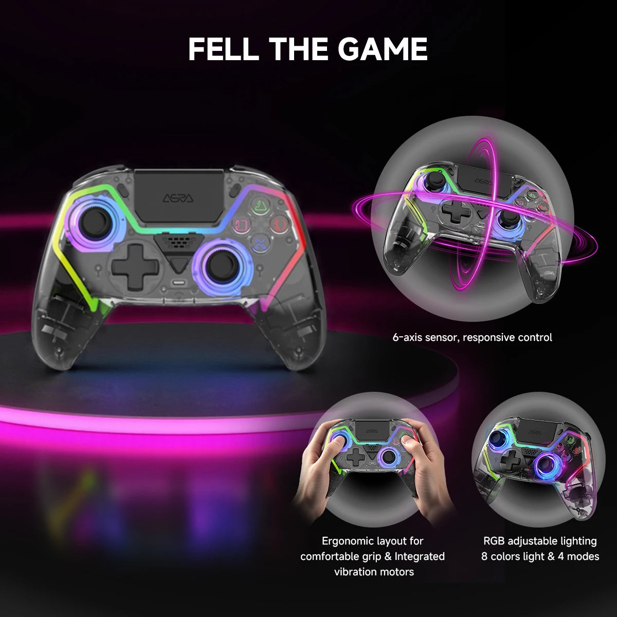Transparent Wireless Controller HG-04D for PS5/PC/iOS/Android/Steam with BT 5.3,Macro Button,Touchpad,Hall Triggers & Joystick