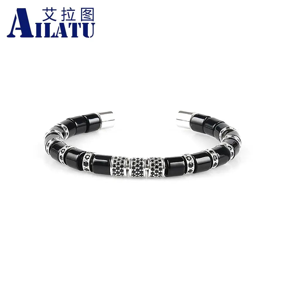 Ailatu 5 teile/los Edelstahl Armreifen Naturstein Zylinder Perlen Armbänder Luxus Männer Schmuck Top Qualität