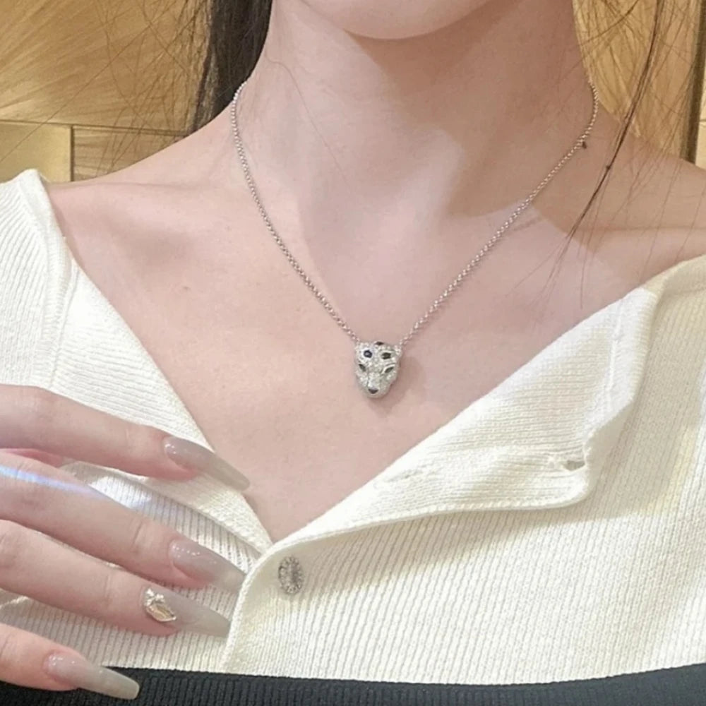 925 Sterling Silber Schwarze Emaille-Spots CZ Diamant Panther Leopard Kopf Anhänger Halsketten Luxus Designer Schmuck für Männer Frauen