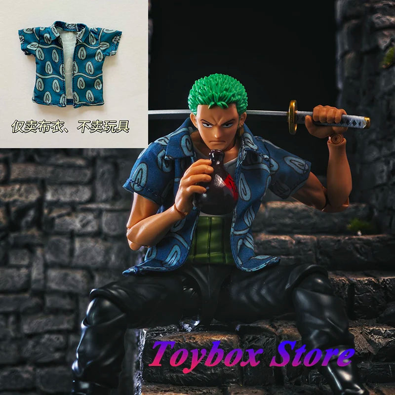 (Only T-shirt ) 1/12 Anime Boy Zoro Soldier Mini Blue Print T-shirt Top Clothes Accessory Toys For 6" Shf Man Figure Decoration