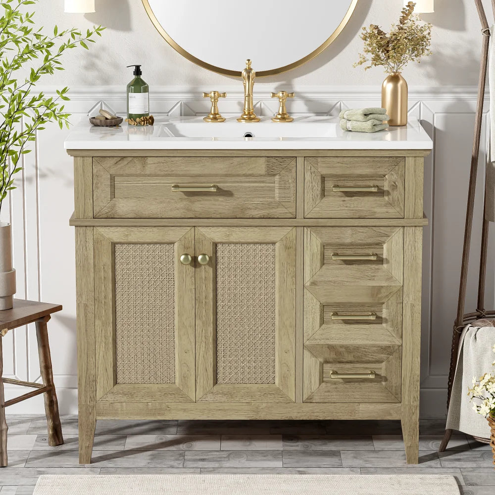 36" Bathroom Vanity with Ceramic Sink, Rubberwood Frame, 2 Soft Close Doors, 1 Flip-Down Drawer, 1 Shallow Drawer, 1 Deep Drawer