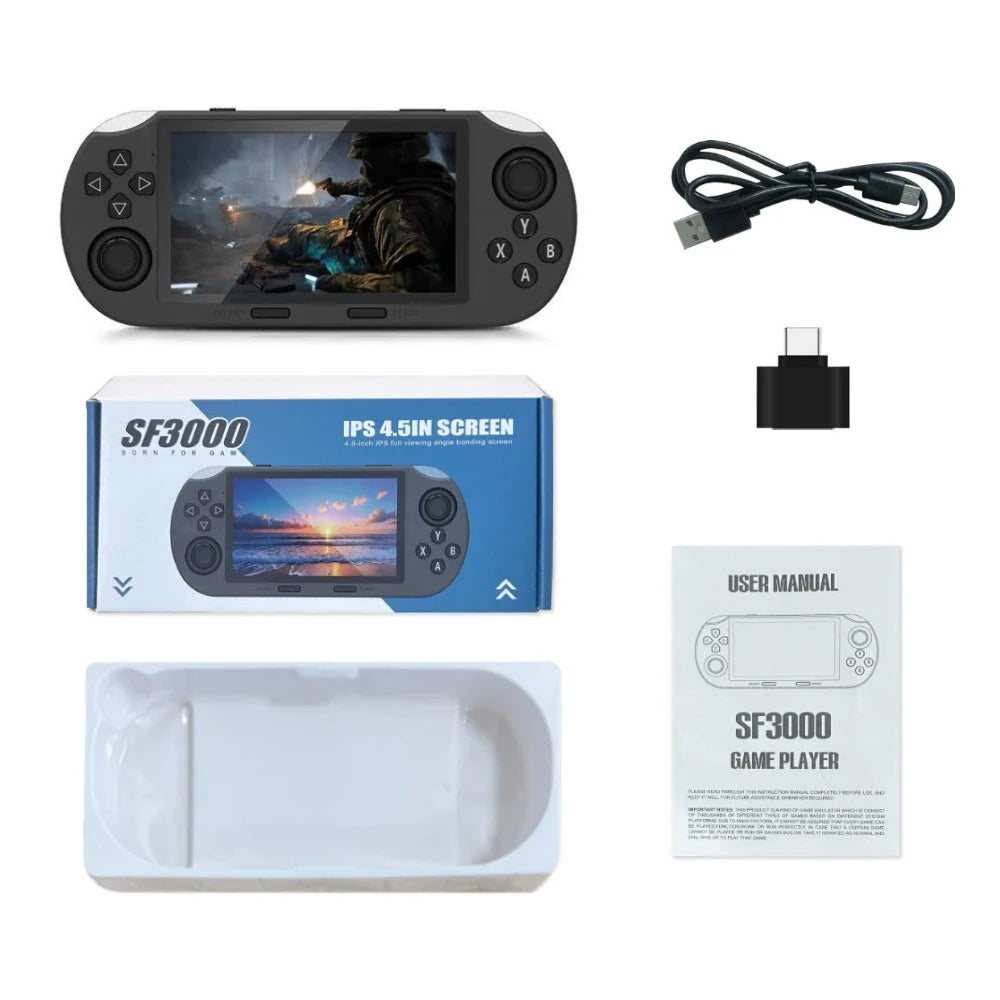 Tragbare Handheld-Spielekonsole SF3000, 4,5-Zoll-IPS-Bildschirm, Retro-Videospiel-Player, integrierte 20.000+ Spiele für PS1/GBA/SFC/MAME 