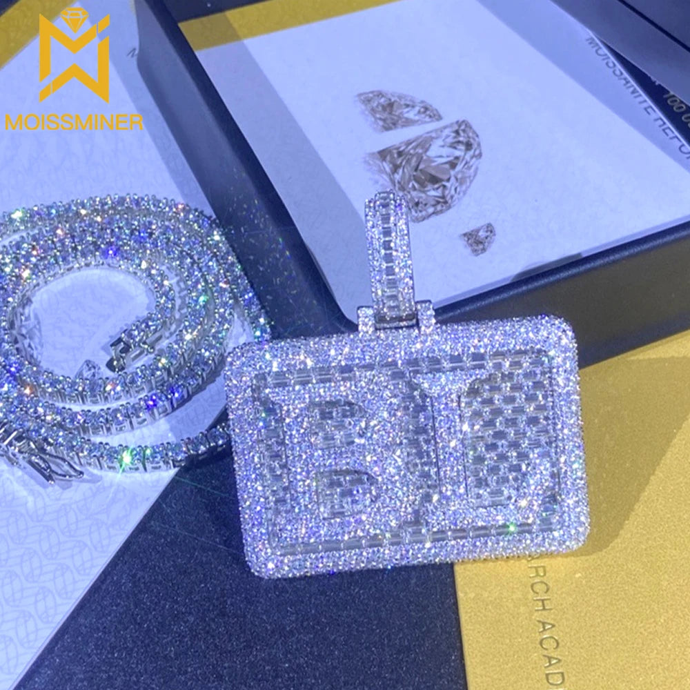Moissminer Square BL Letter Moissanite висулки колиета за мъже жени Pass Tester S925 сребърна верижка хип-хоп бижута GRA