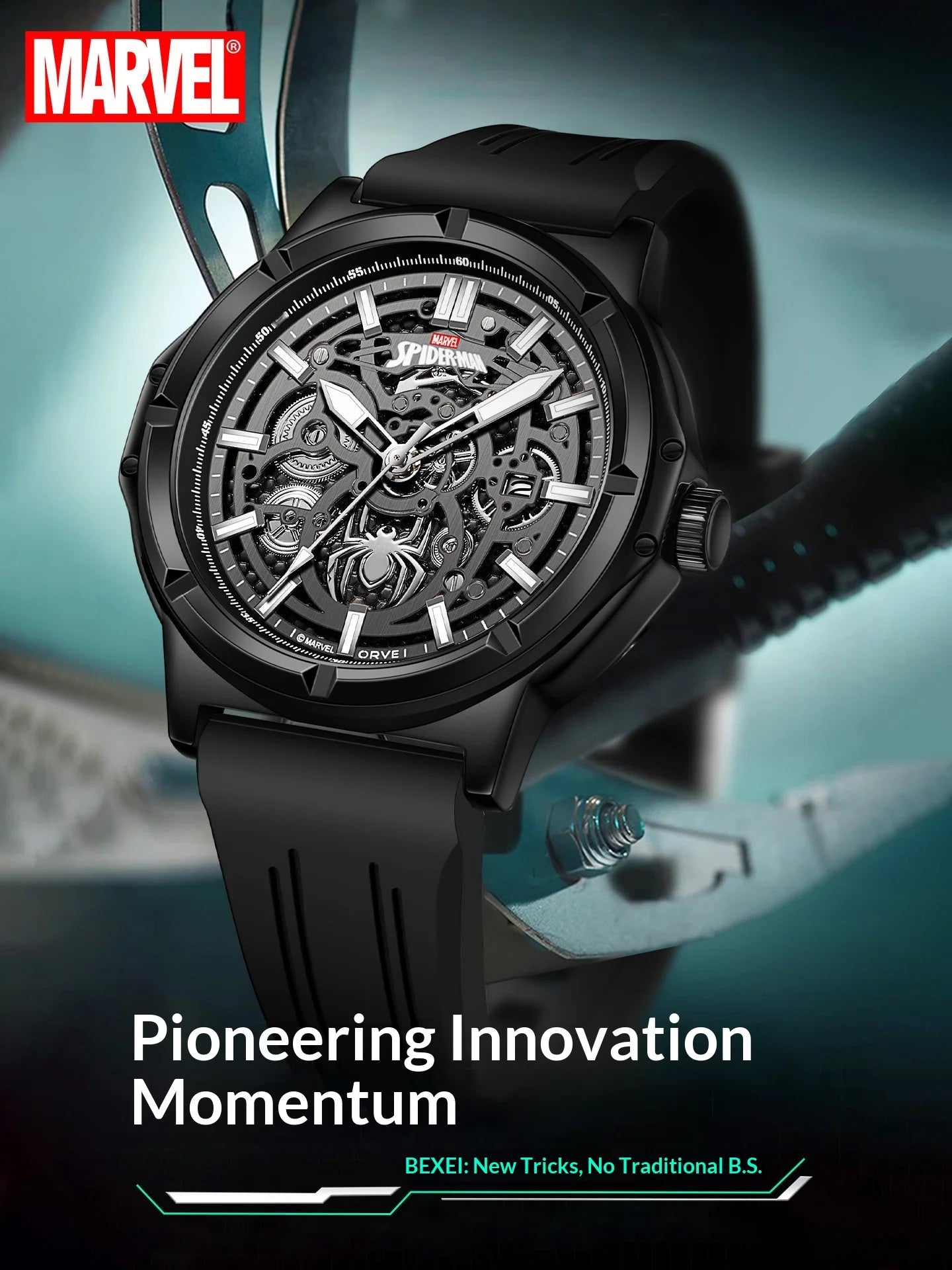 MARVEL Spider-Man Men's Skeleton Automatic Mechanical Watch Silicone Strap Gift for Teenagers Students 18th Birthday