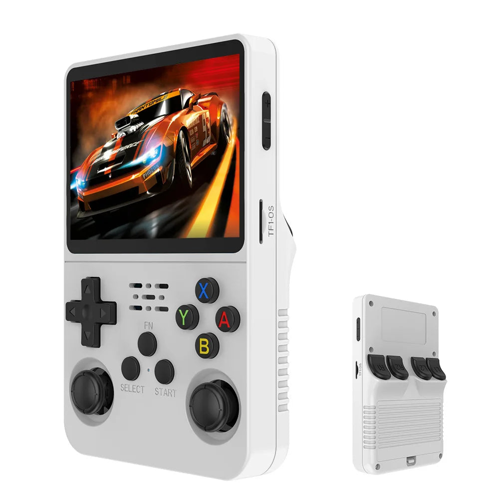 Handheld gaming console with screen displaying a racing game, white color shown.