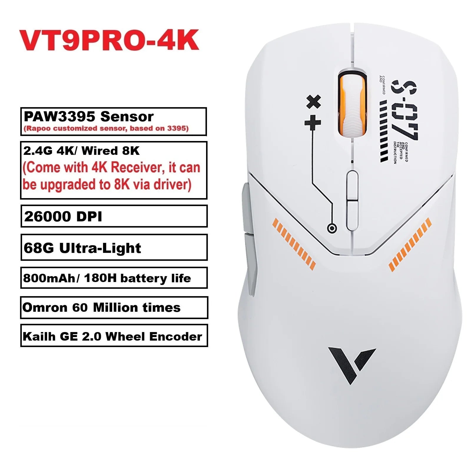 Безжична геймърска мишка Rapoo VT9PRO PAW3398, 26000DPI, 68g, лека, кабелна, безжична мишка, 160H, супер дълъг живот на батерията
