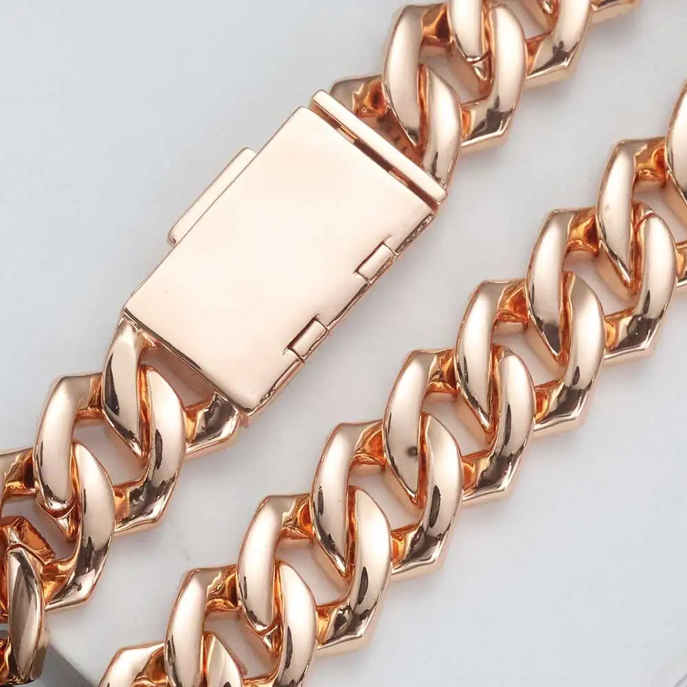 Hip Hop Style 15mm Thick Cuban Chain Rose Gold Copper Zircon Iced Miami Fashion Cuban Bracelet For Men And Women
