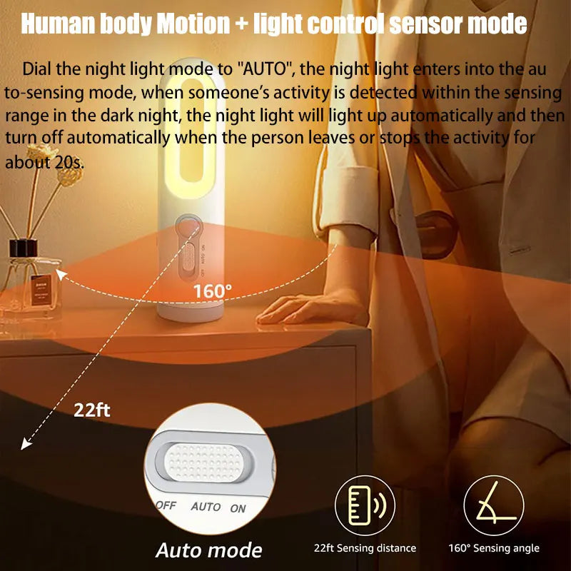 LED Light 2 in 1 Portable Flashlight Motion Sensor Bedroom Bathroom Reading Camping Lighting Baby Feeding Eye Care Bedside Lam