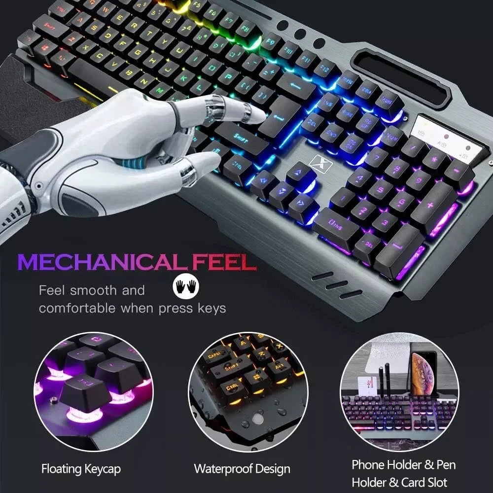 Безжичен комплект геймърска клавиатура и мишка, с подсветка Rainbow/RGB, презареждаща се клавиатура и 7-цветна геймърска мишка с безшумен звук и подложка