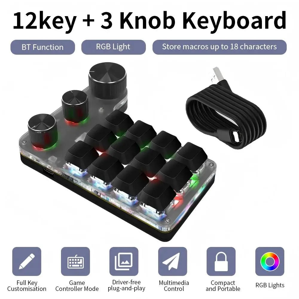 Mini-Bluetooth-Programmiermakro, benutzerdefinierte 3-Knopf-Tastatur, RGB, 12 Tasten, Kopieren und Einfügen, Photoshop, Gaming-Tastatur, mechanisches Hotswap-Makropad
