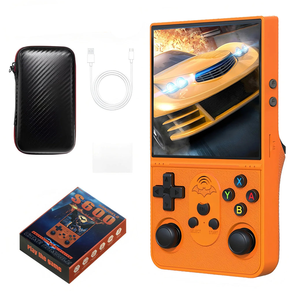 Orange handheld gaming console with accessories including a protective case, charging cable, and film on a white background.
