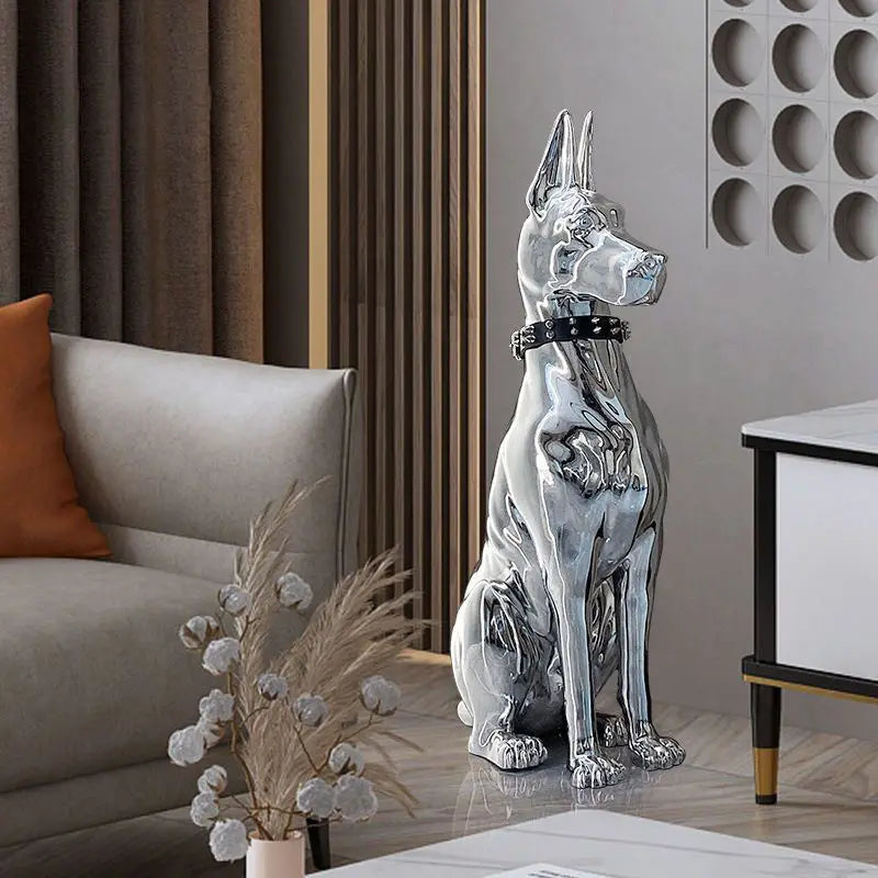 Modern Fashion Interior Resin Animal Sculpture Home Villa Corner Proch Electroplated Silver Doberman Dog Statue