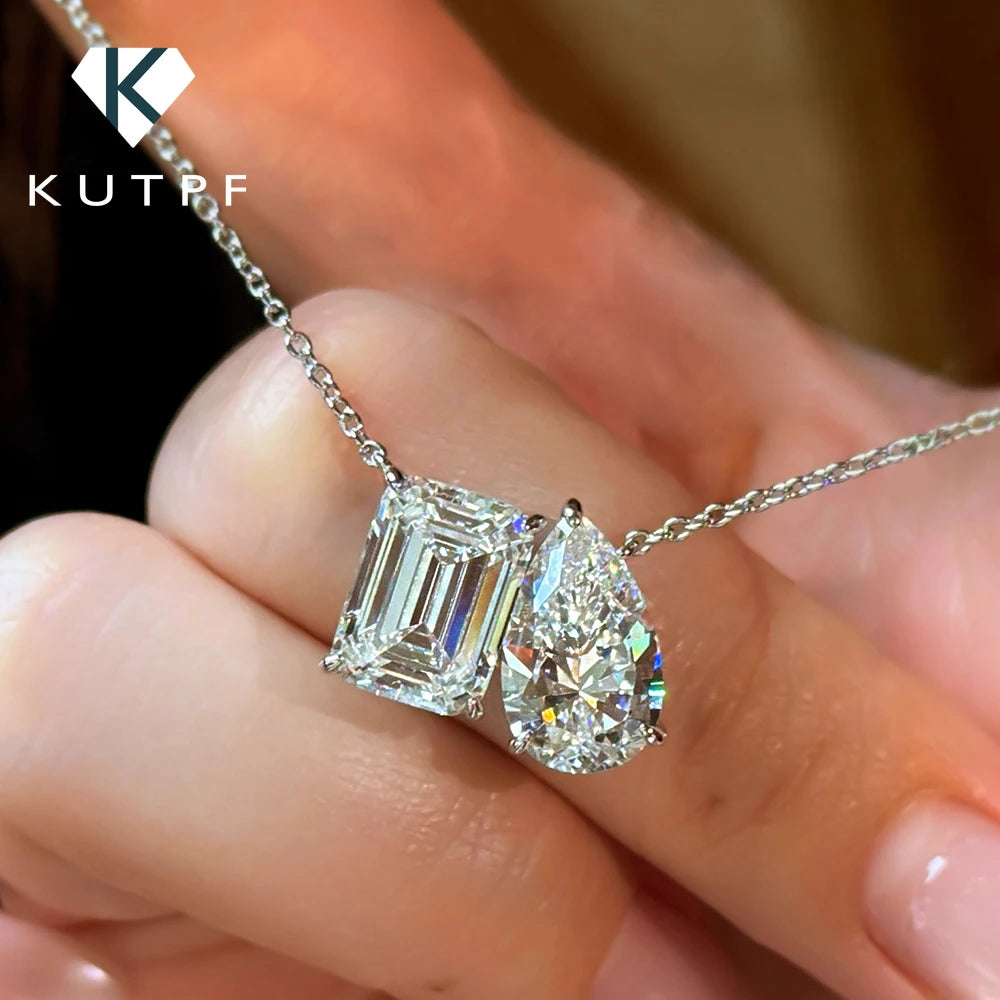 5 Karat Radiant/Smaragd-Moissanit-Diamant-Anhänger-Halskette für Damen, zertifiziertes 925er Silber, 2-Stein-Schlüsselbein-Halskette