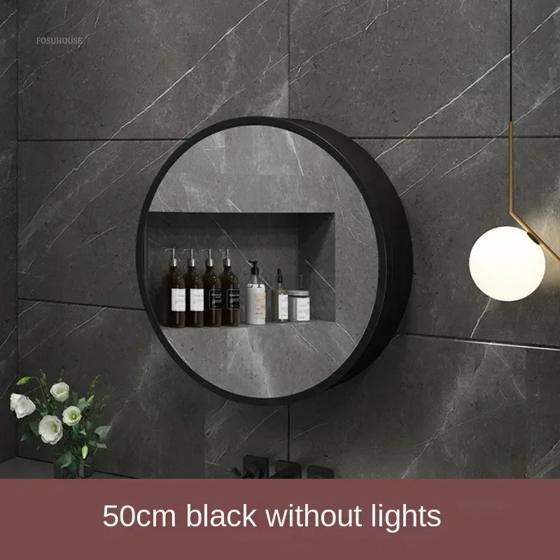 Nordic LED Smart Bathroom Mirror Cabinets Solid Wood Oval Bathroom Wall Hanging Round Vanity Mirrors with Storage Shelf b