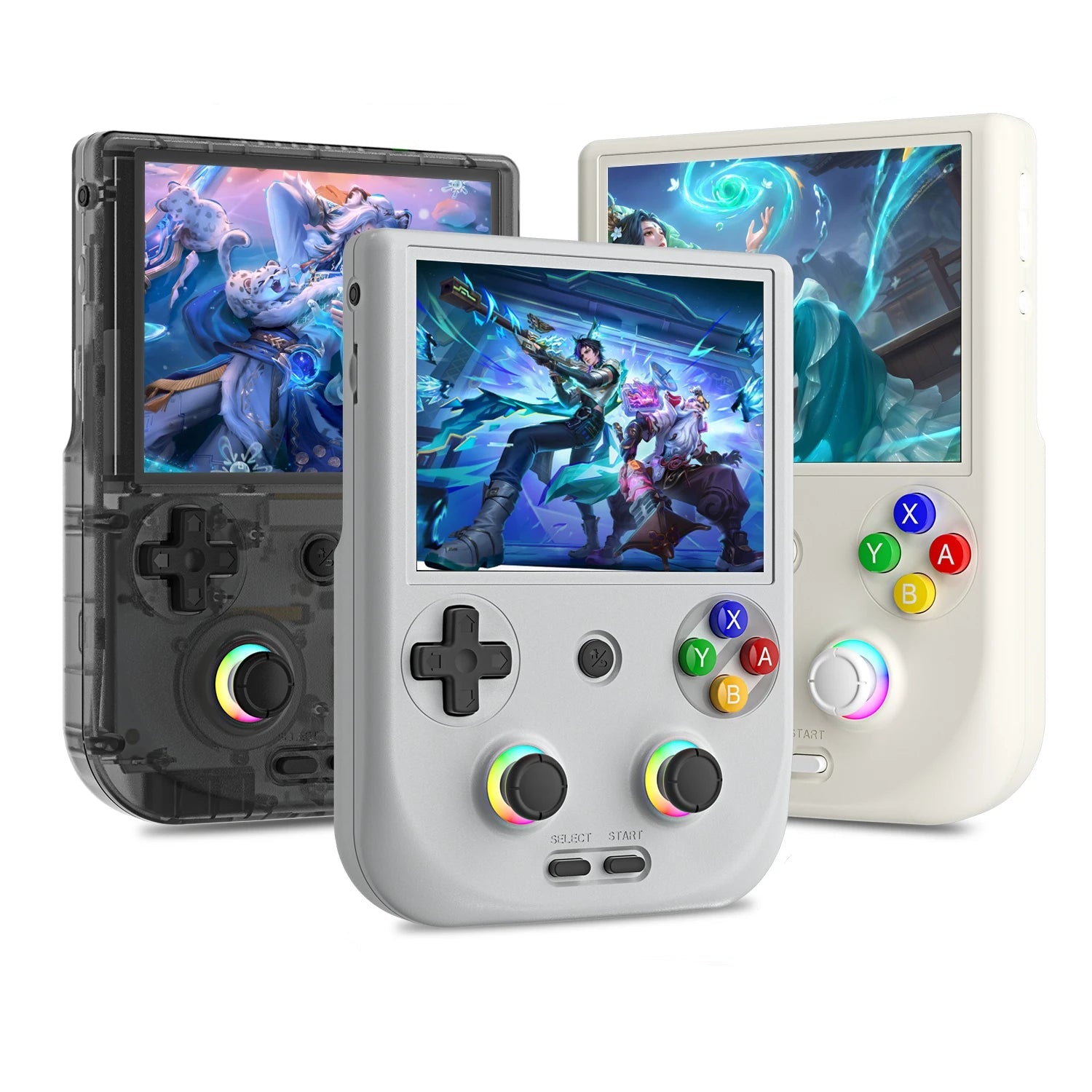 Handheld gaming console with colorful displays and buttons, featuring Anbernic branding.