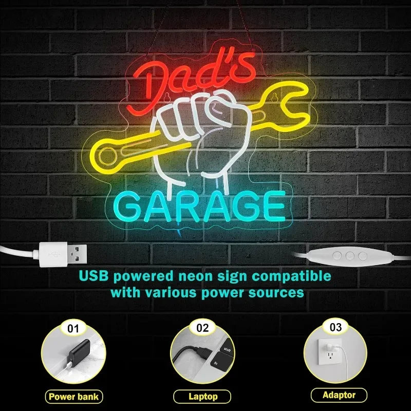 Dad's Garage Neon Sign for Wall Décor LED Light Car Signs for Auto Repair Shop Man Cave Workshop Decor LIghts for Fathers Gift